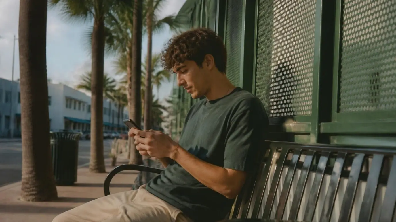 A young man on a bus stop bench under palm trees, looking at his phone.