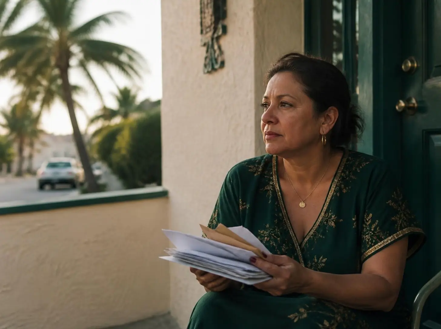 A woman on the porch of a small stucco house holding a stack of opened envelopes.