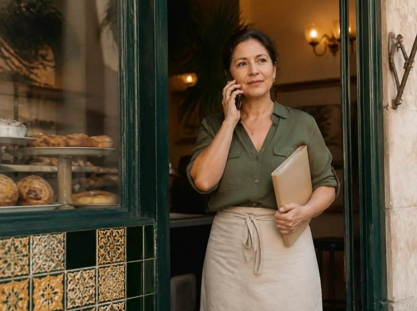 A bakery owner in her shop doorway on the phone, a folder under her arm.