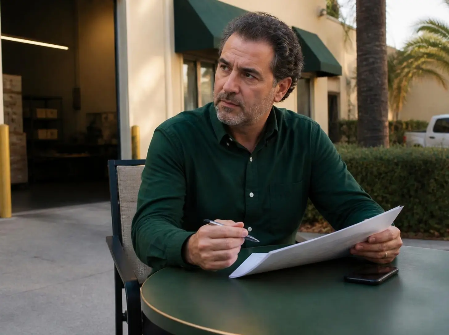 A man at a patio table outside a small warehouse office, reading printed pages with a pen in hand.
