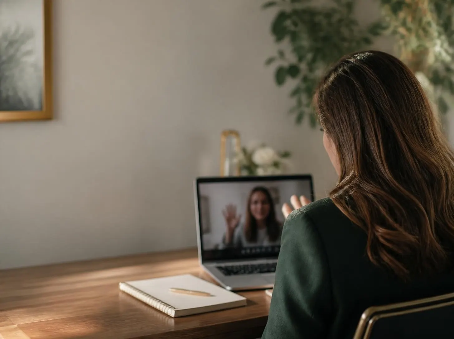 Over the shoulder, a woman on a video call at her desk with a notebook beside her.