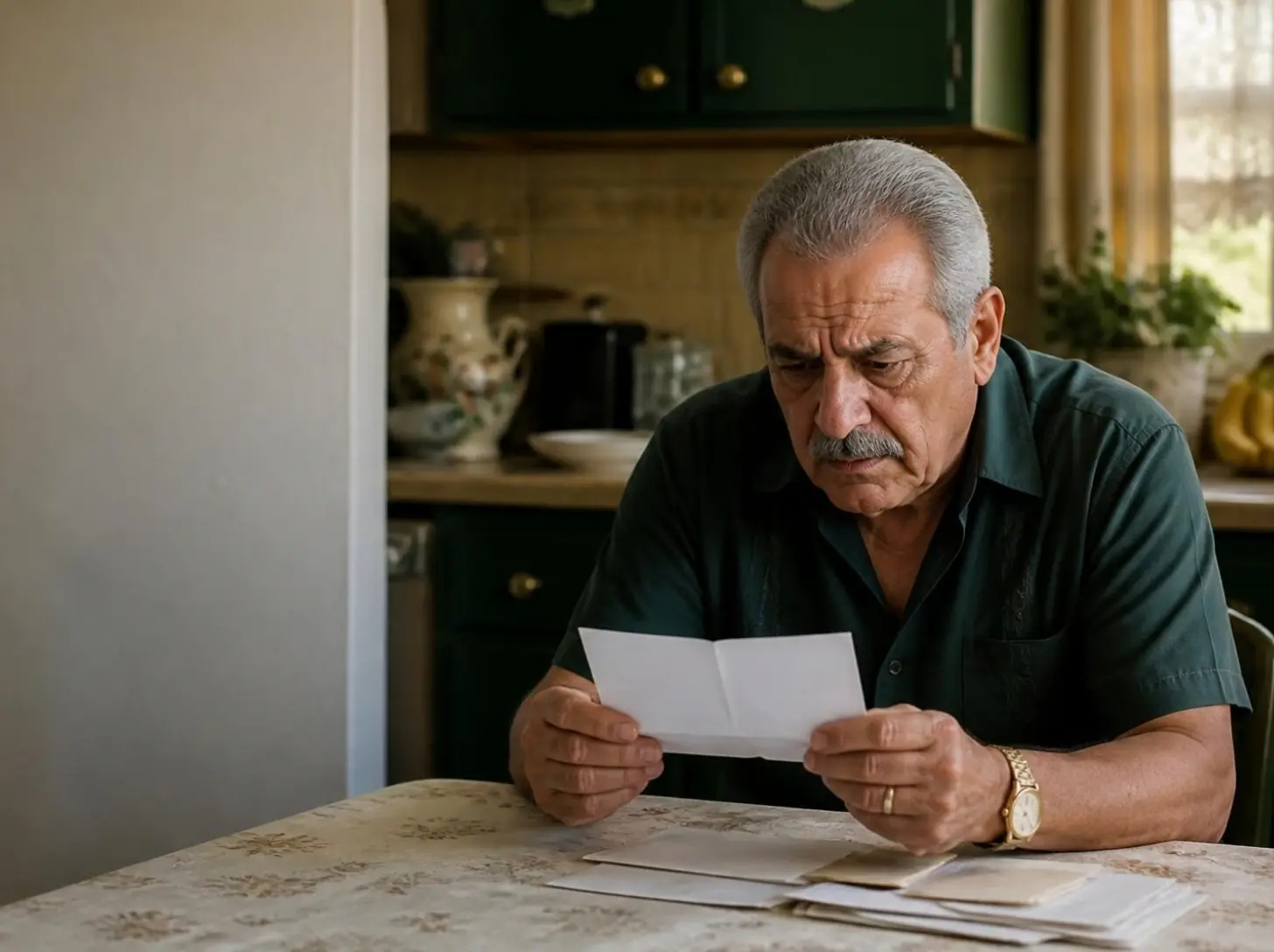 An older man at his kitchen table reading a paper letter with a worried look.