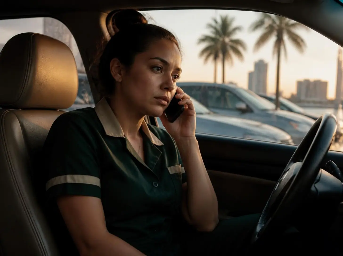 Una mujer con uniforme de trabajo habla por teléfono dentro de su carro estacionado al anochecer.