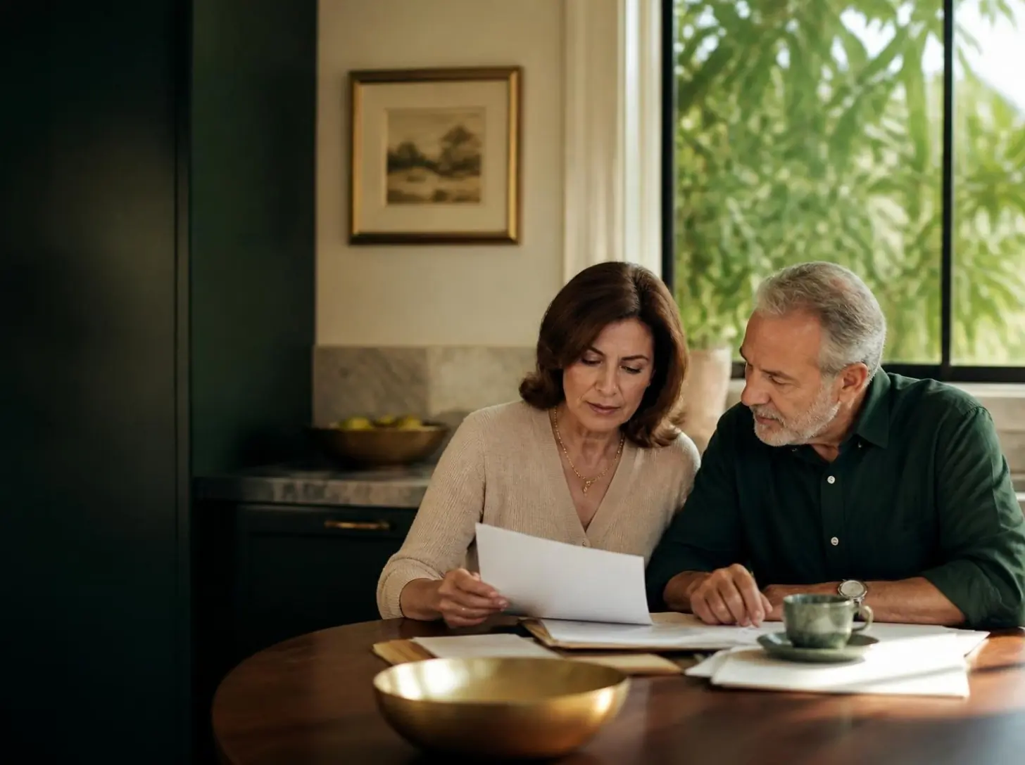 An older couple at their kitchen table looking over paper documents together.