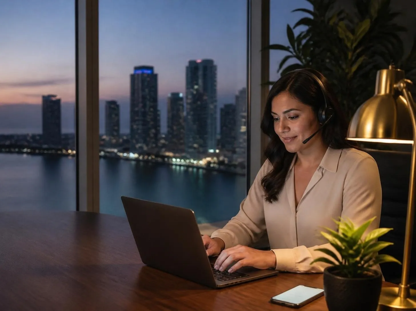 An intake coordinator answers a new inquiry at a Brickell office at dusk.