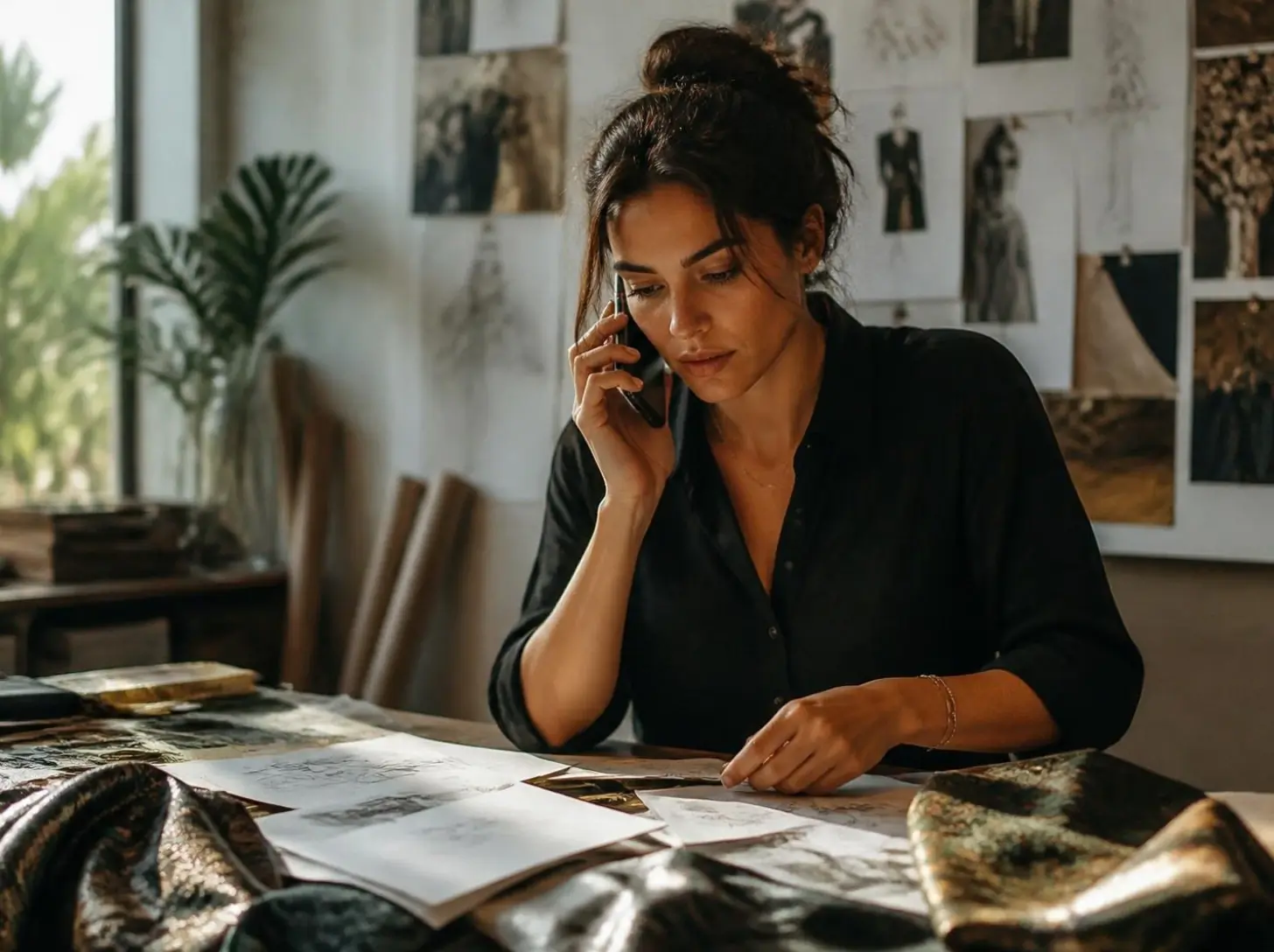 A designer at a worktable covered in fabric samples and sketches, talking on her phone.