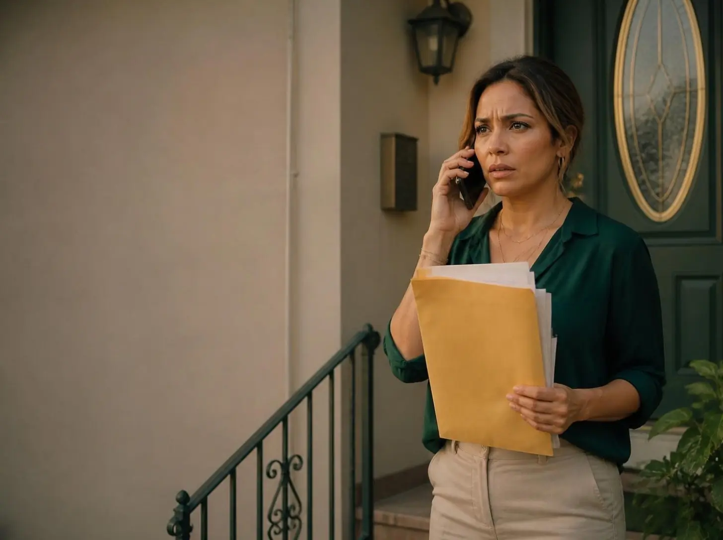 A woman on the front steps of her home holding a thick envelope of papers, on the phone.