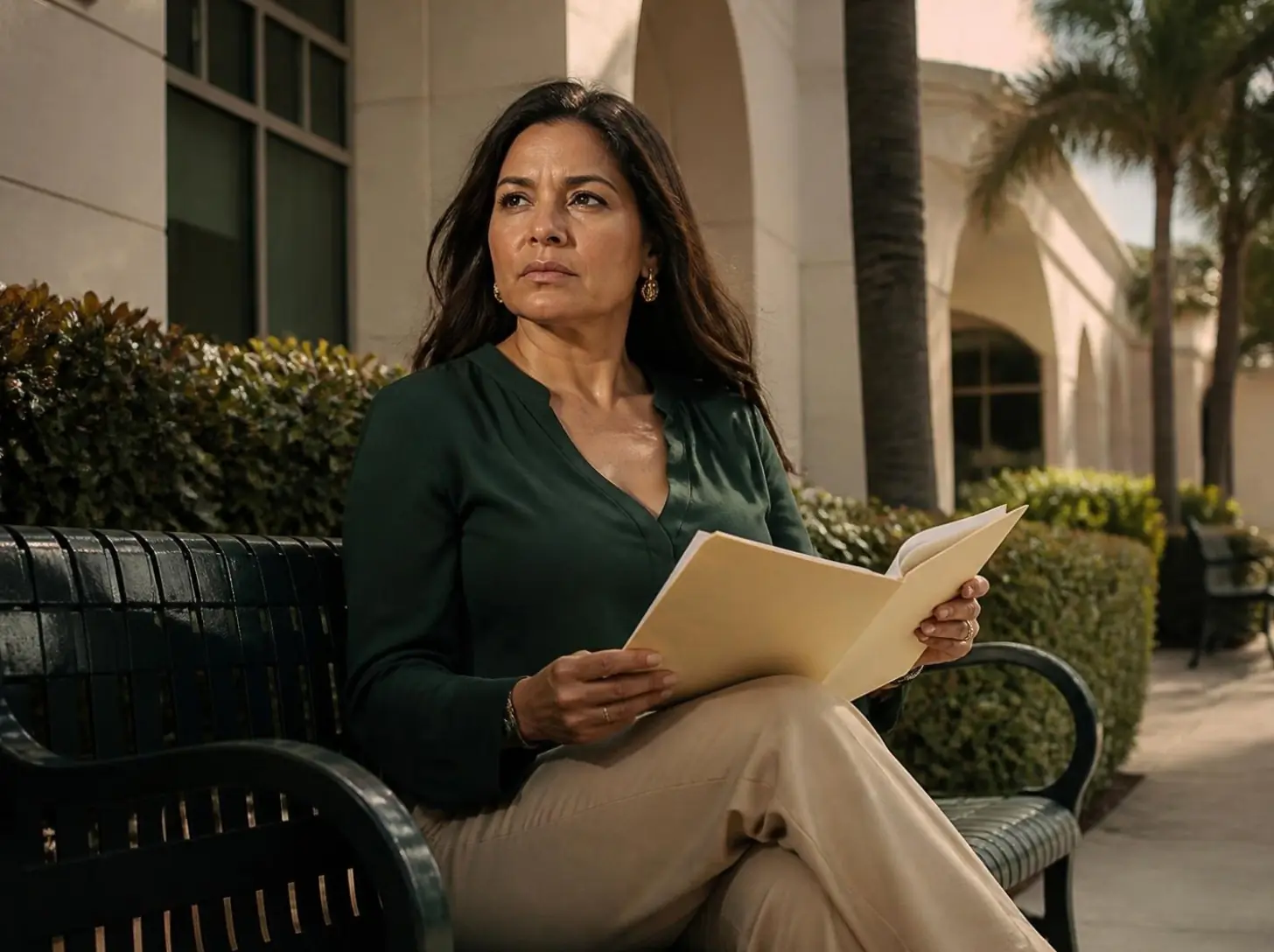 A woman on a bench outside a medical building, holding a folder of papers.
