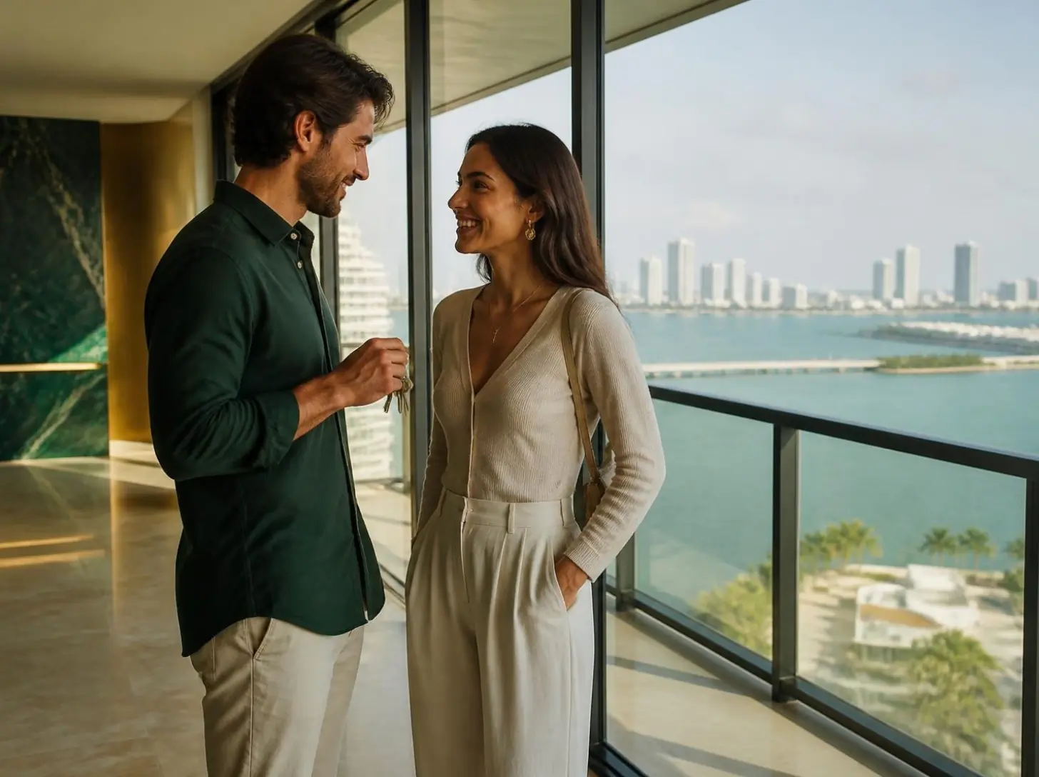 Una pareja en el balcón de un condominio vacío con vista a la bahía, con unas llaves en la mano.