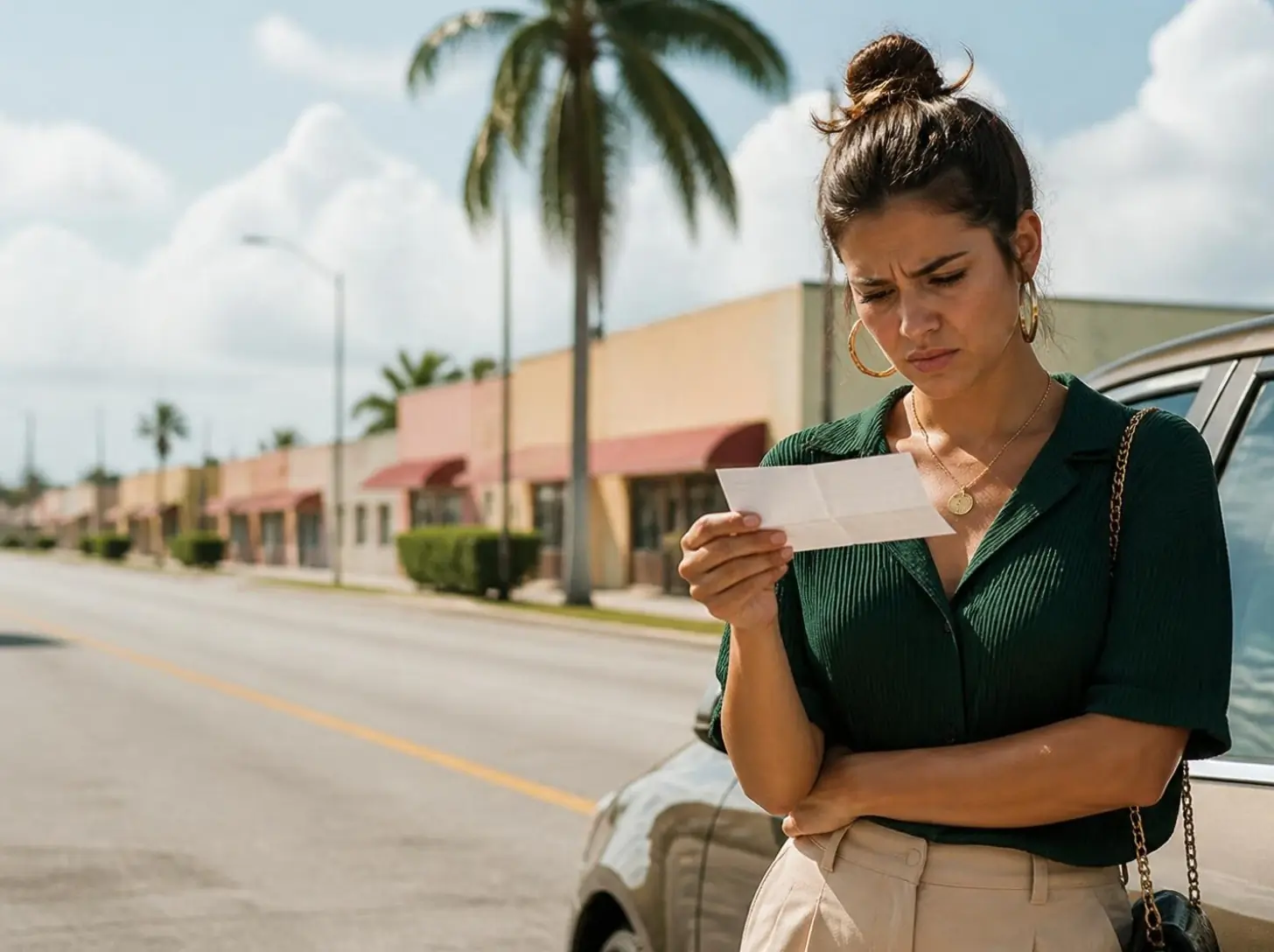A woman beside her parked car on a sunny street, frowning at a paper ticket in her hand.